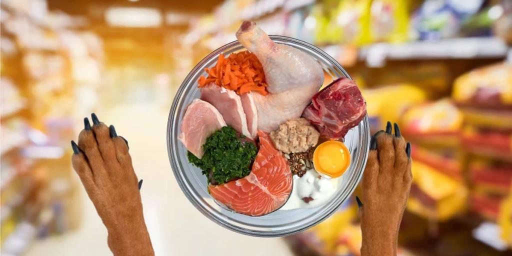 Einen Napf voller Leckereien für den Hund u. A. Lachs, Hühnchen, Ei, Rind und Gemüse im Hintergrund regale voller Hunde Futtersäcke.